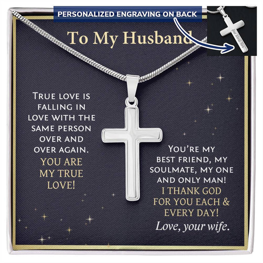 Christian custom gift for husband. Personalized cross necklace paired with message card.