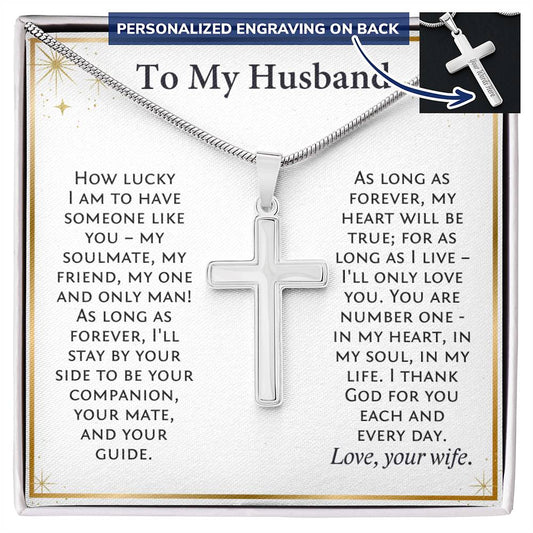 Christian custom gift for husband. Personalized cross necklace paired with message card.