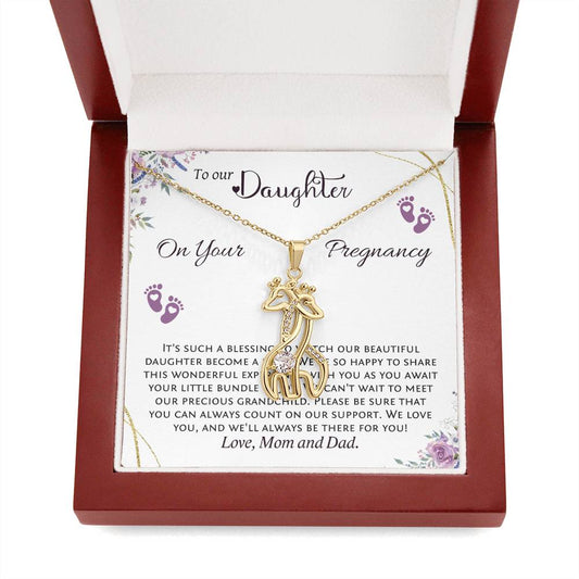 Pregnancy gift for daughter from parents. Giraffe necklace with message card featuring beautiful pregnancy wishes. 