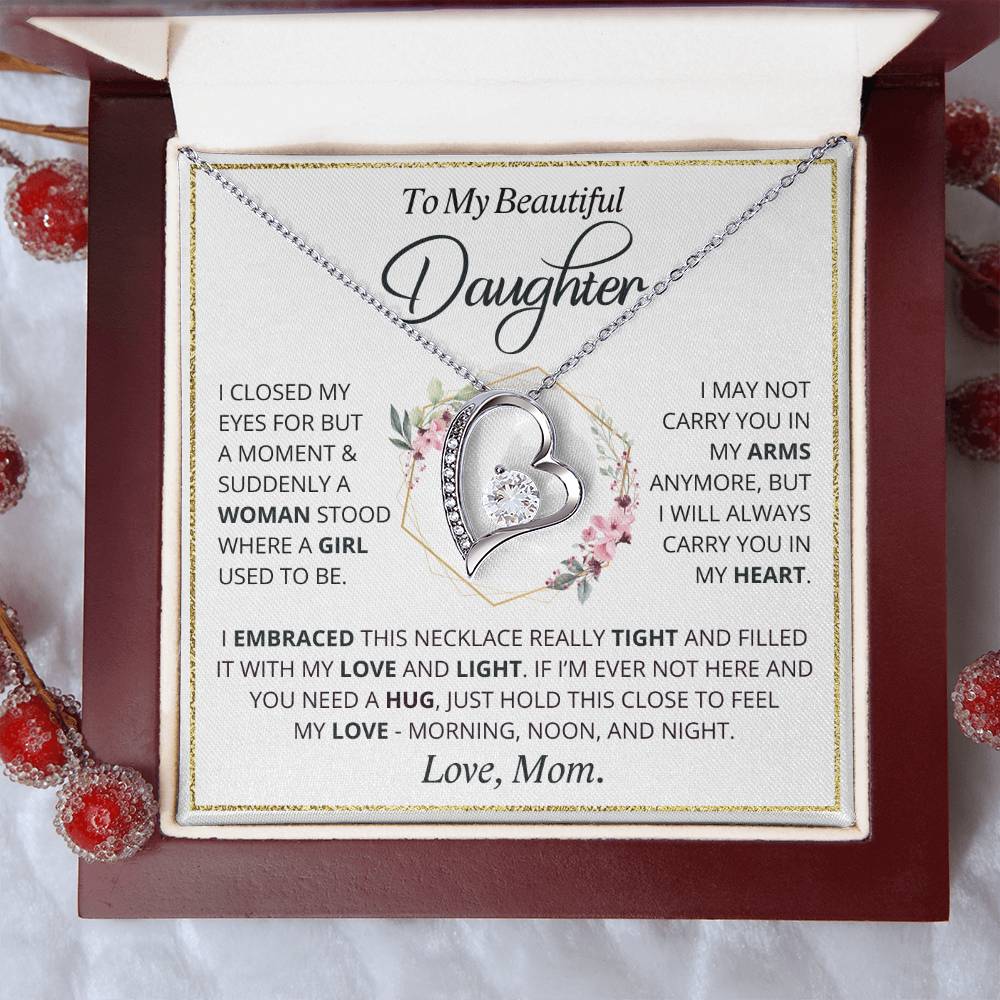 Forever Love Heart necklace gift for daughter from Mom. Beautiful pendant with message card.