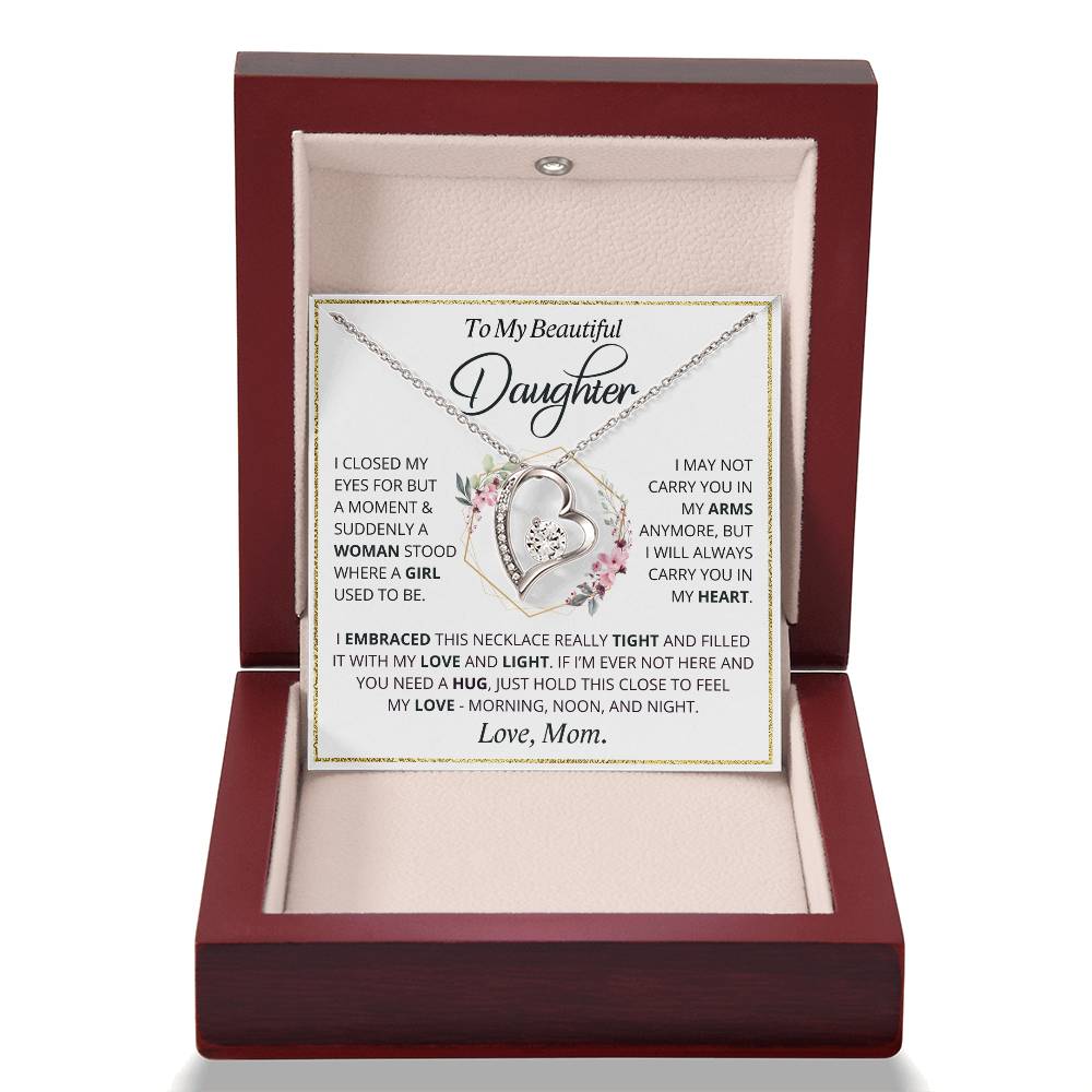 Birthday gift for daughter from Mom - Heart Necklace. Beautiful pendant with message card 'I will always carry you in my heart' and a luxury mahogany-style LED light gift box.