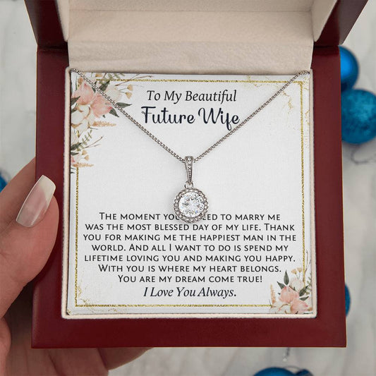 Future wife necklace with message card. Fiancée gift.