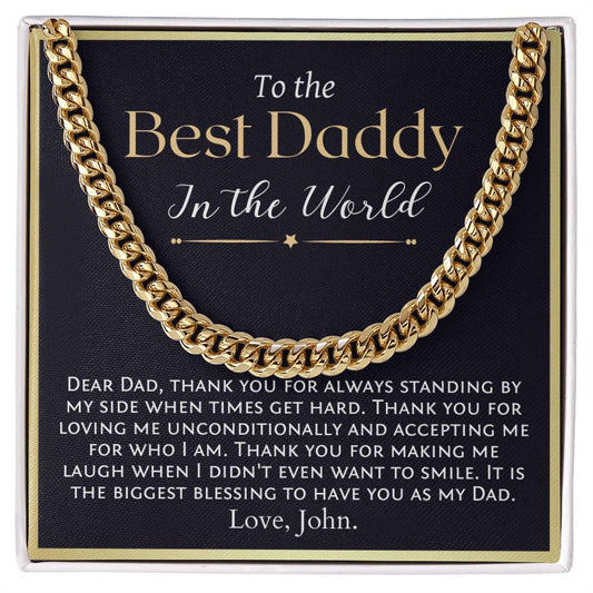 Sentimental gift for father from daughter of son. Best dad gift. Cuban link man necklace with soulful message card.