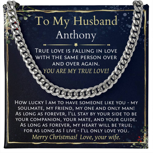 Personalized Christmas gift for husband, Cuban link chain with I Love You message card.