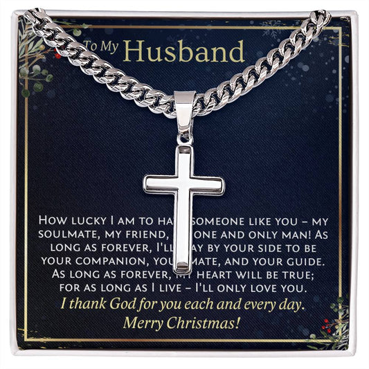 Merry Christmas custom gift for husband. Personalized cross necklace with engraving paired with message card.