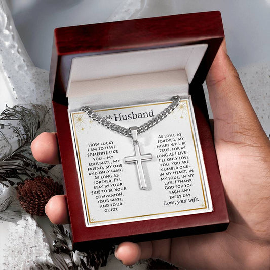 Christian custom gift for husband. Personalized cross necklace paired with message card.