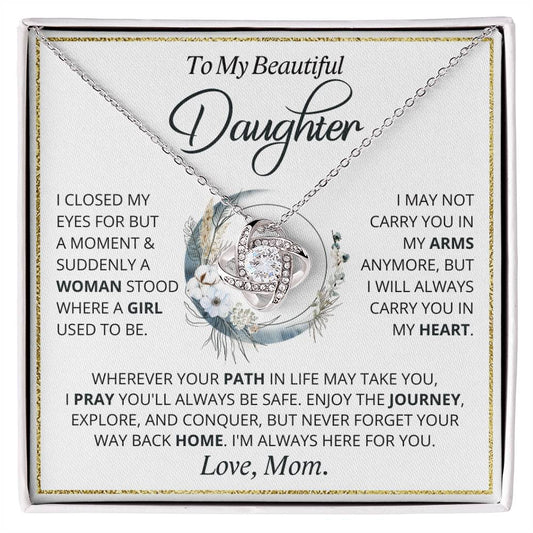 Love Knot necklace gift for daughter from Mom. Beautiful pendant with message card.