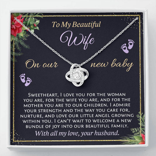 Congratulations pregnancy gift for wife. Necklace with Christmas message card. Wife new mom present.