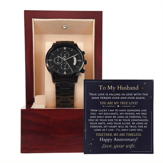 Anniversary gift for husband from wife. Modern design watch with message card: You are my true love.