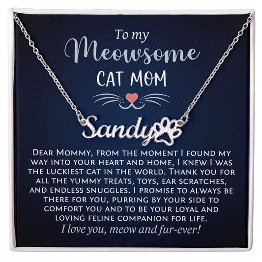 To My Meowsome Cat Mom, Custom Pet Name with Paw Print Necklace, Cat Mom Gift