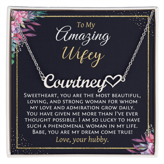 To My Amazing Wifey, Personalized Name with Heart Necklace, Wife Gift from Husband